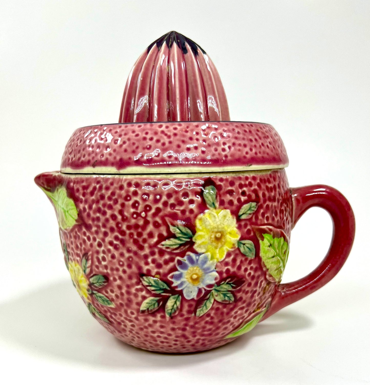 Hotta Yu Shoten Ceramic Reamer Juicer & Pitcher Set with Floral Design, 1920s-1930s Japan