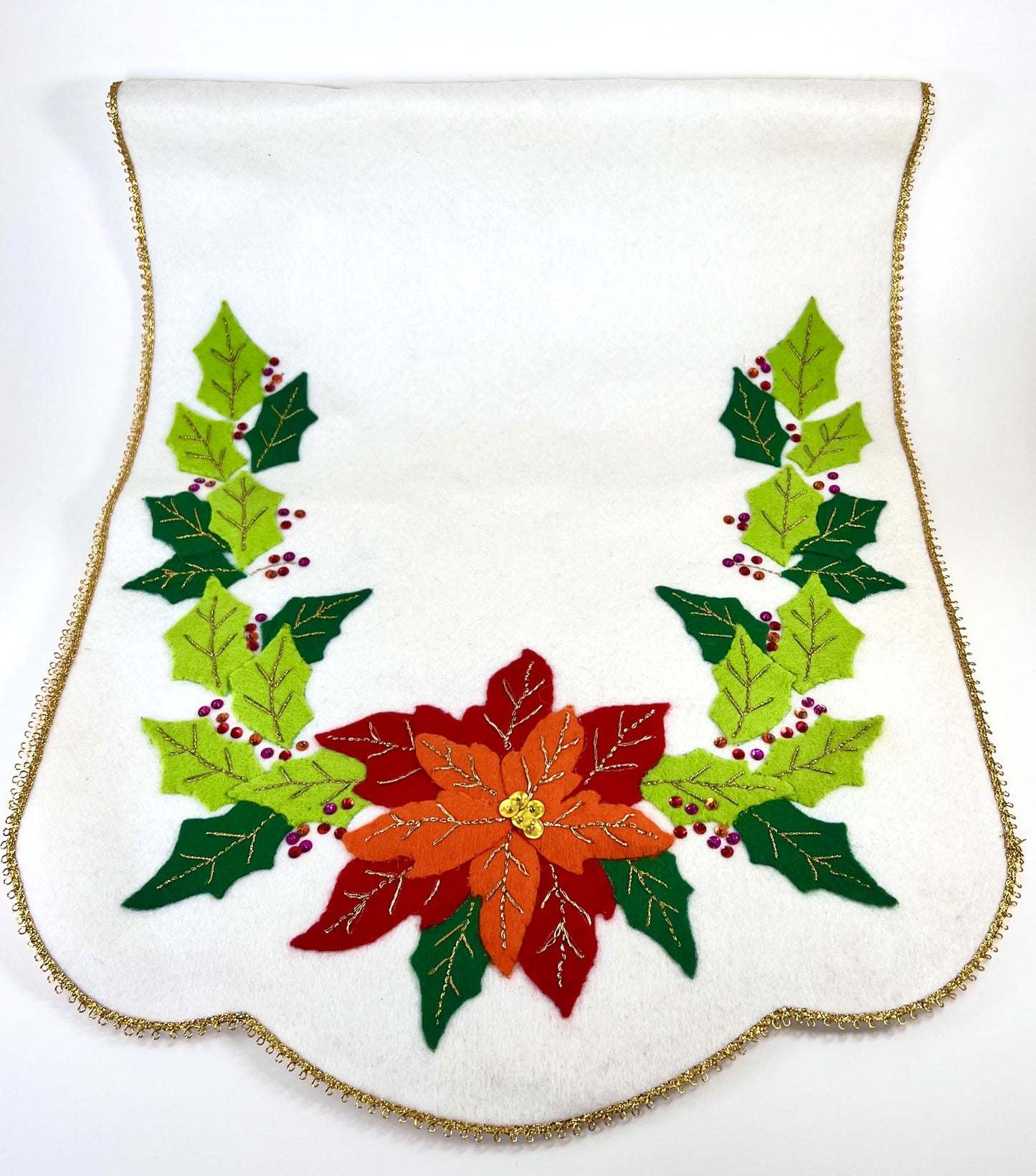 Christmas Table Runner, Hand-crafted Felt with Poinsettia and Holly Embellishments