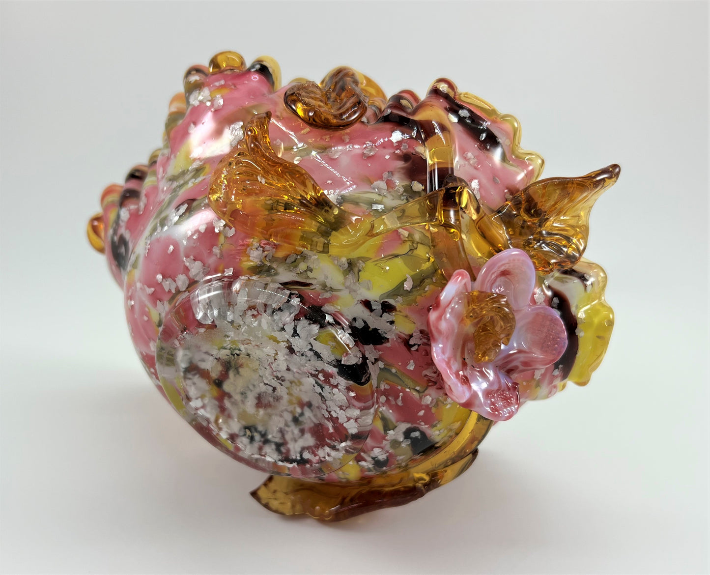 Basket Vase with Rose, Hand-blown Vasa Murrhina Glass