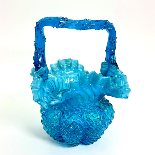 Blue Basket Vase, Victorian Hand-blown Glass with Thorn Handle