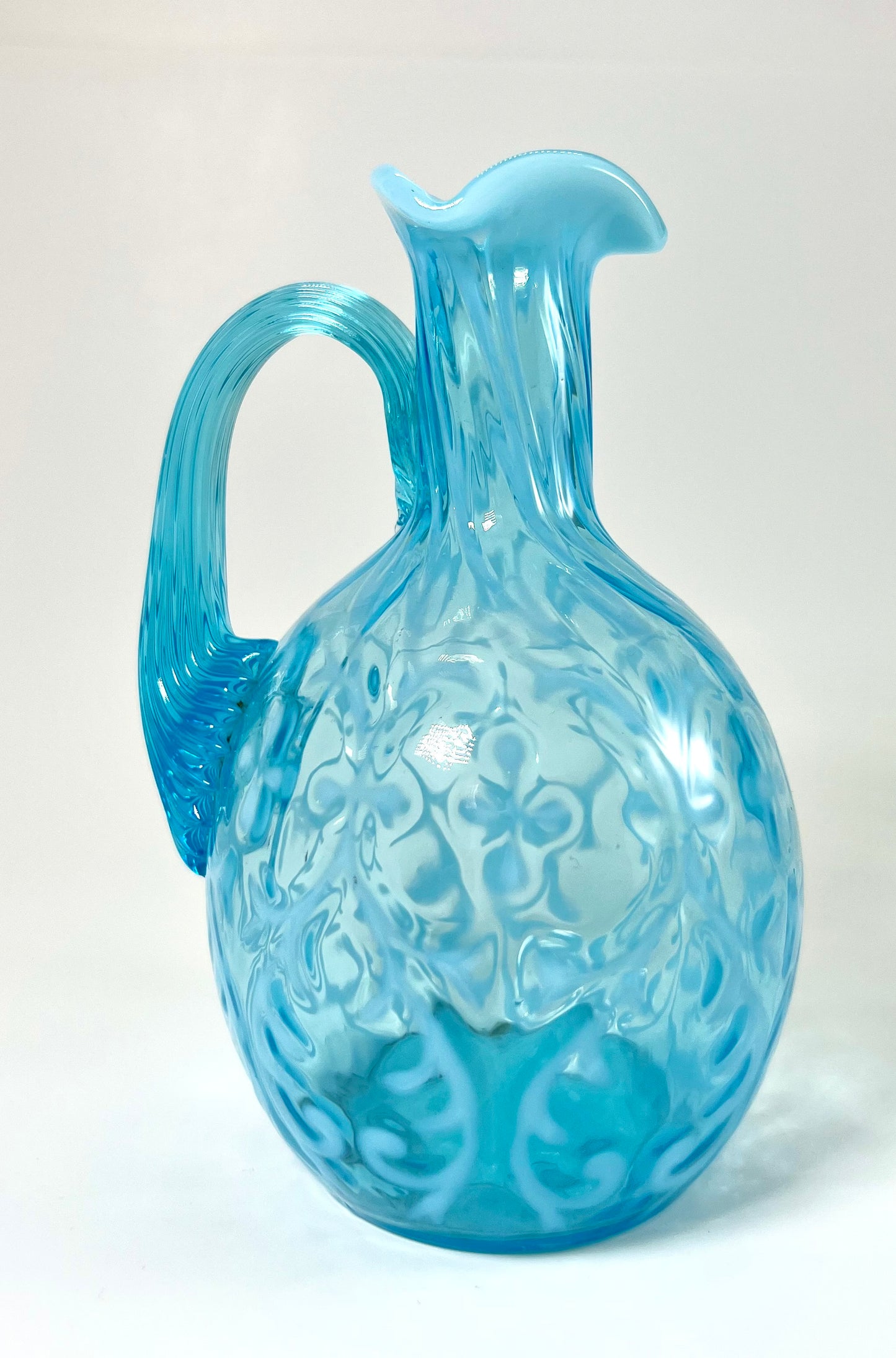 Blue Opalescent Cruet, Brocade/Spanish Lace Pattern, Northwood Glass Company, c. 1899