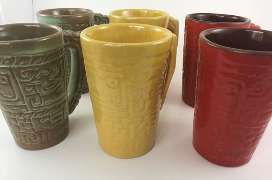 Frankoma Pottery Mug Set of Six, Mayan-Aztec Pattern