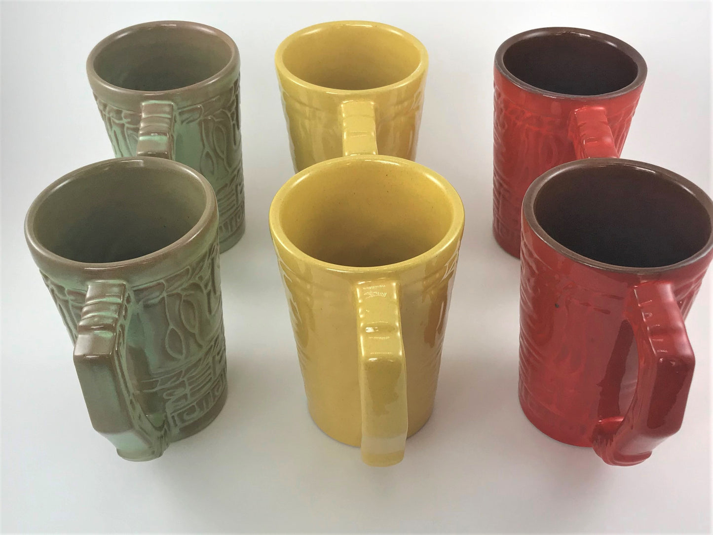 Frankoma Pottery Mug Set of Six, Mayan-Aztec Pattern