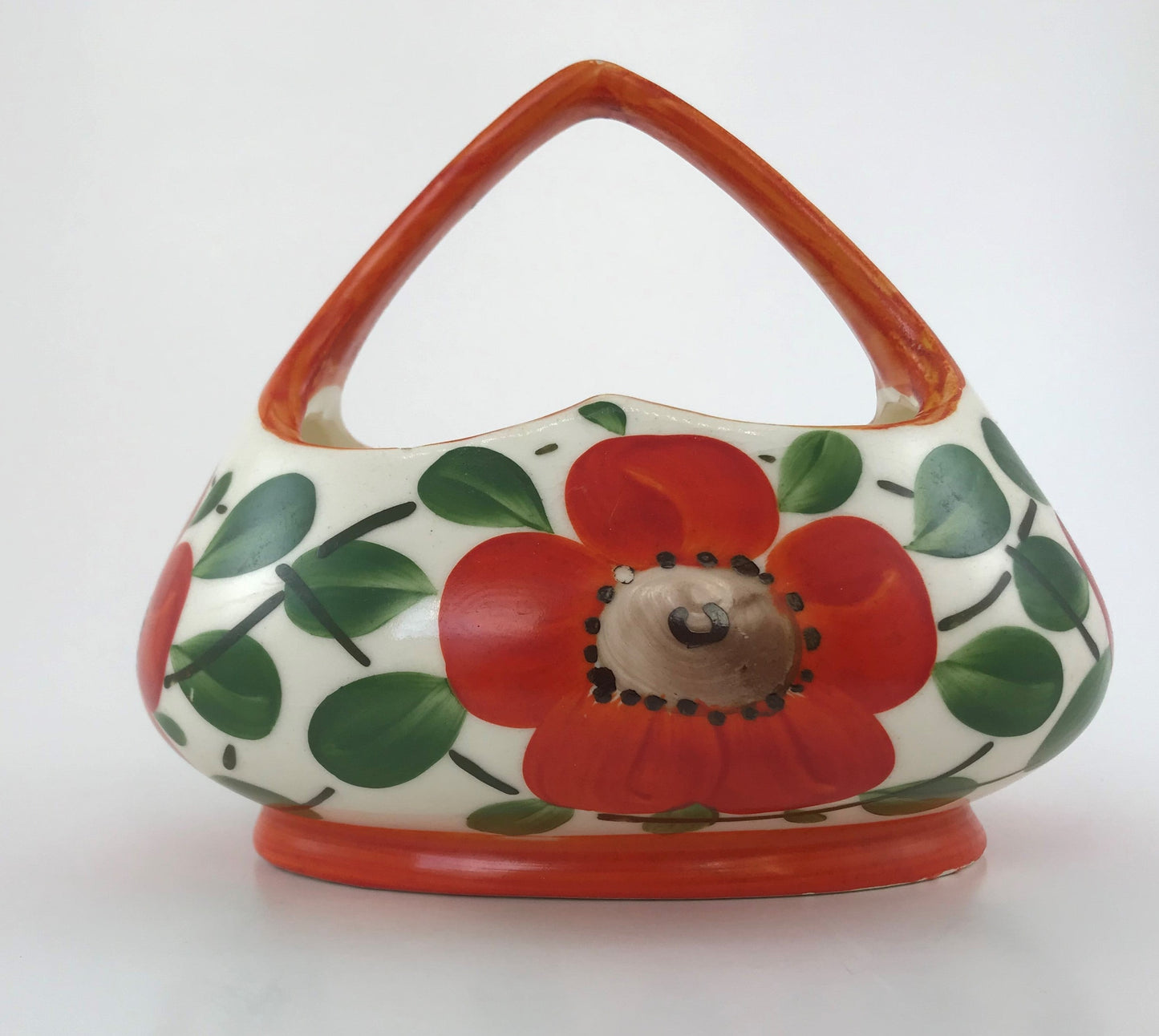 Coronet Poppy Basket Vase Planter, Hand-painted, Czechoslovakia 1920s