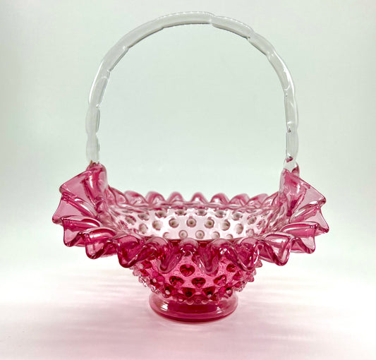Hobnail Glass Basket, Pink with Clear Bamboo Handle and Crimped Ruffled Edge