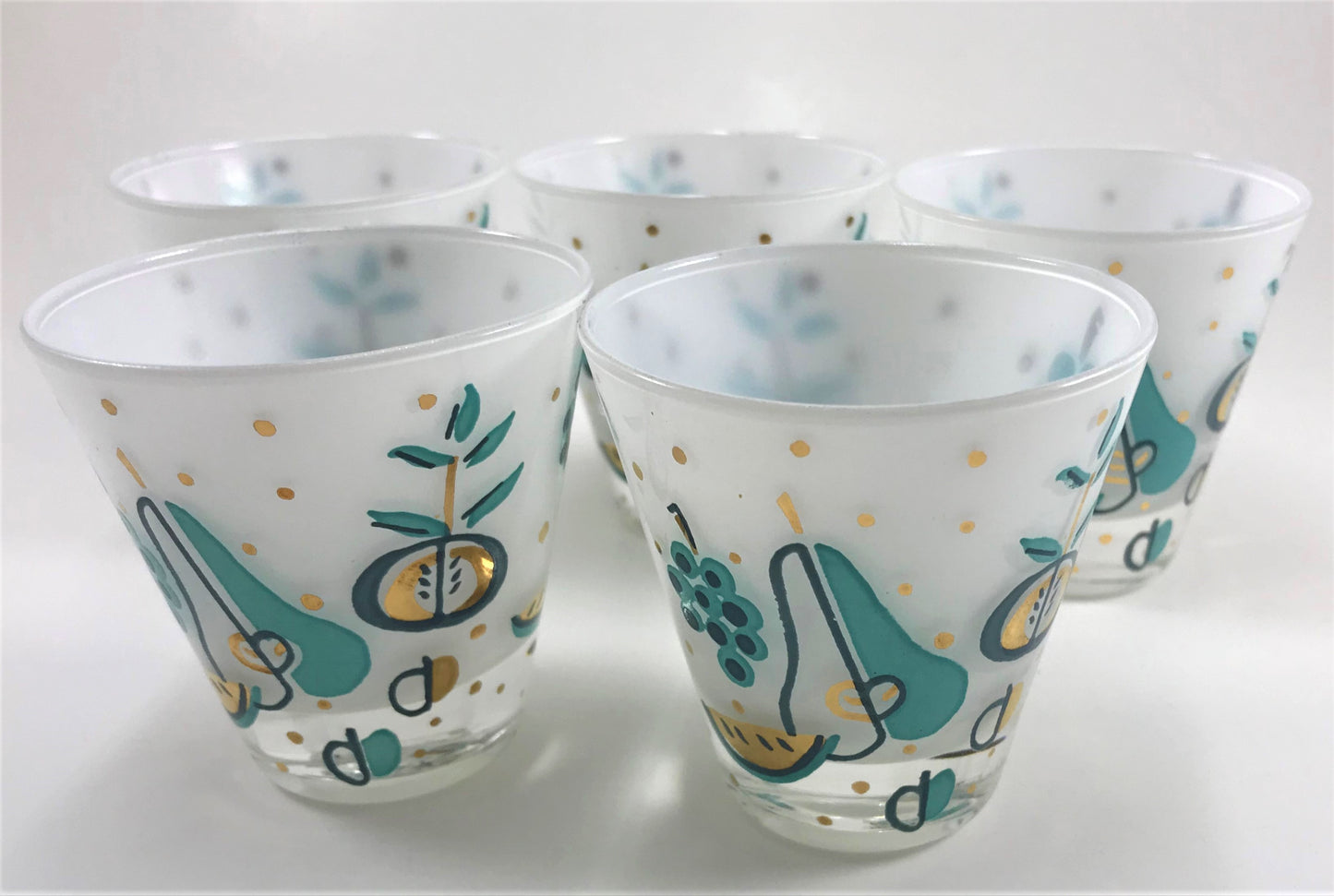 Mid-century Fruit Juice Glass Set of Five, Turquoise and Gold with Grapes, Pears, Watermelons, and Apples, Mid-century