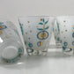 Mid-century Fruit Juice Glass Set of Five, Turquoise and Gold with Grapes, Pears, Watermelons, and Apples, Mid-century