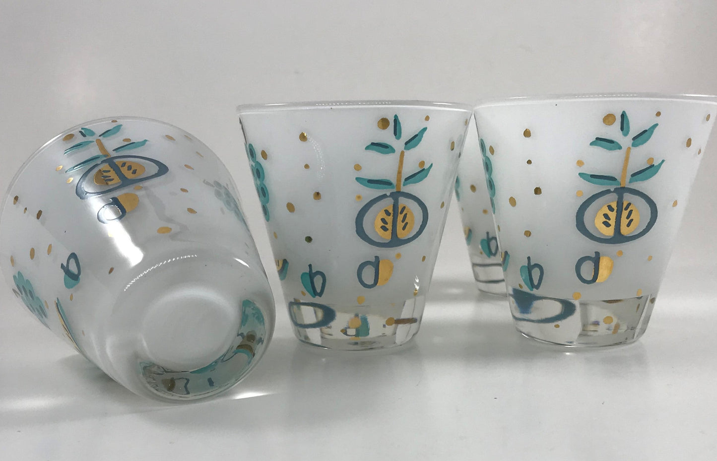 Mid-century Fruit Juice Glass Set of Five, Turquoise and Gold with Grapes, Pears, Watermelons, and Apples, Mid-century