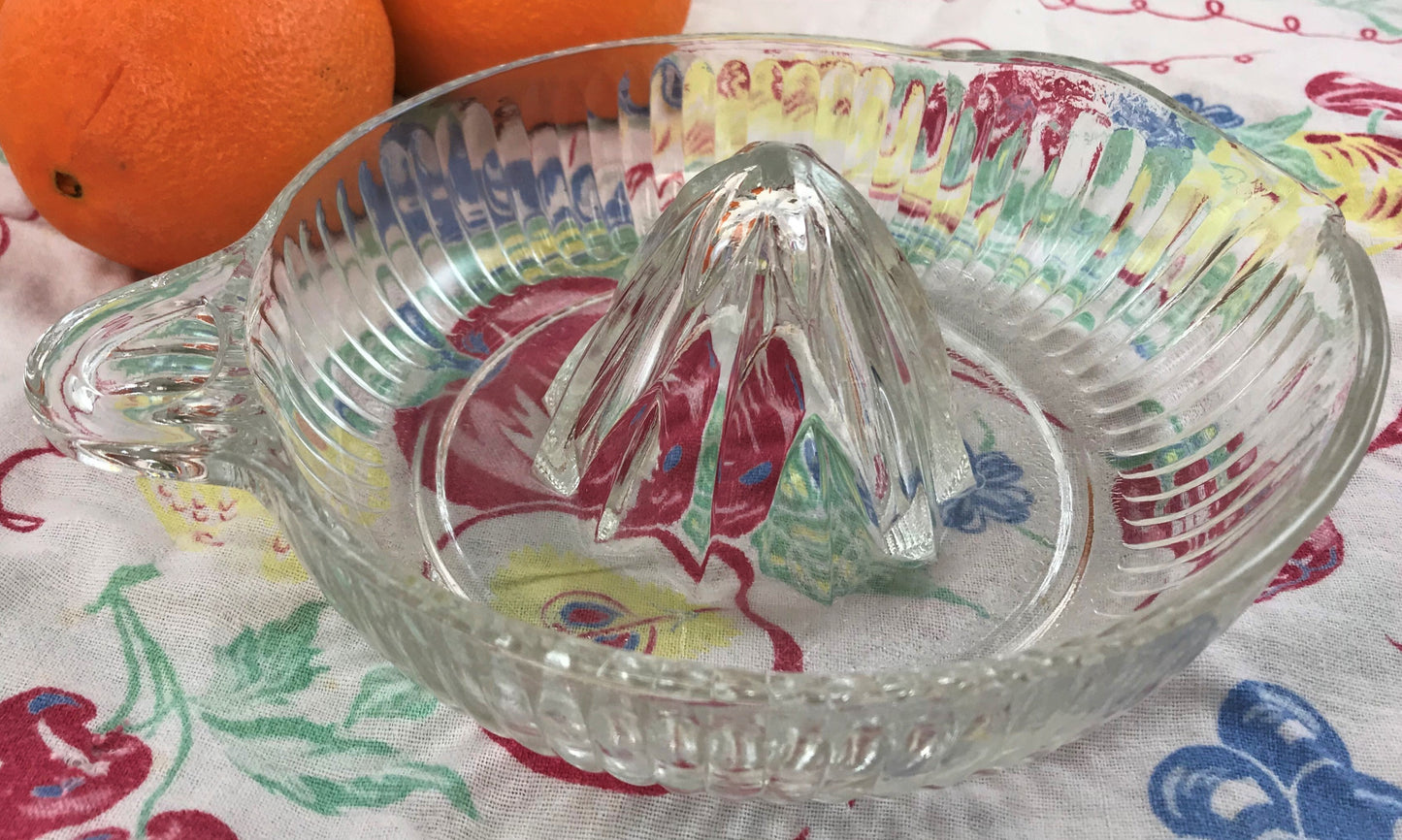 Glass Orange Juicer, Mid-century Pressed Glass with Handle and Pouring Spout