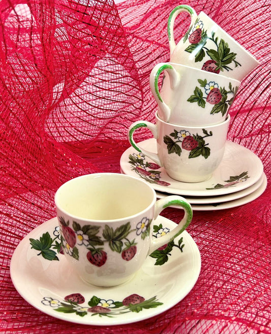 Strawberries and Flowers, Paden City Pottery Shenandoah Ware Demitasse Cup and Saucer, Set of Four