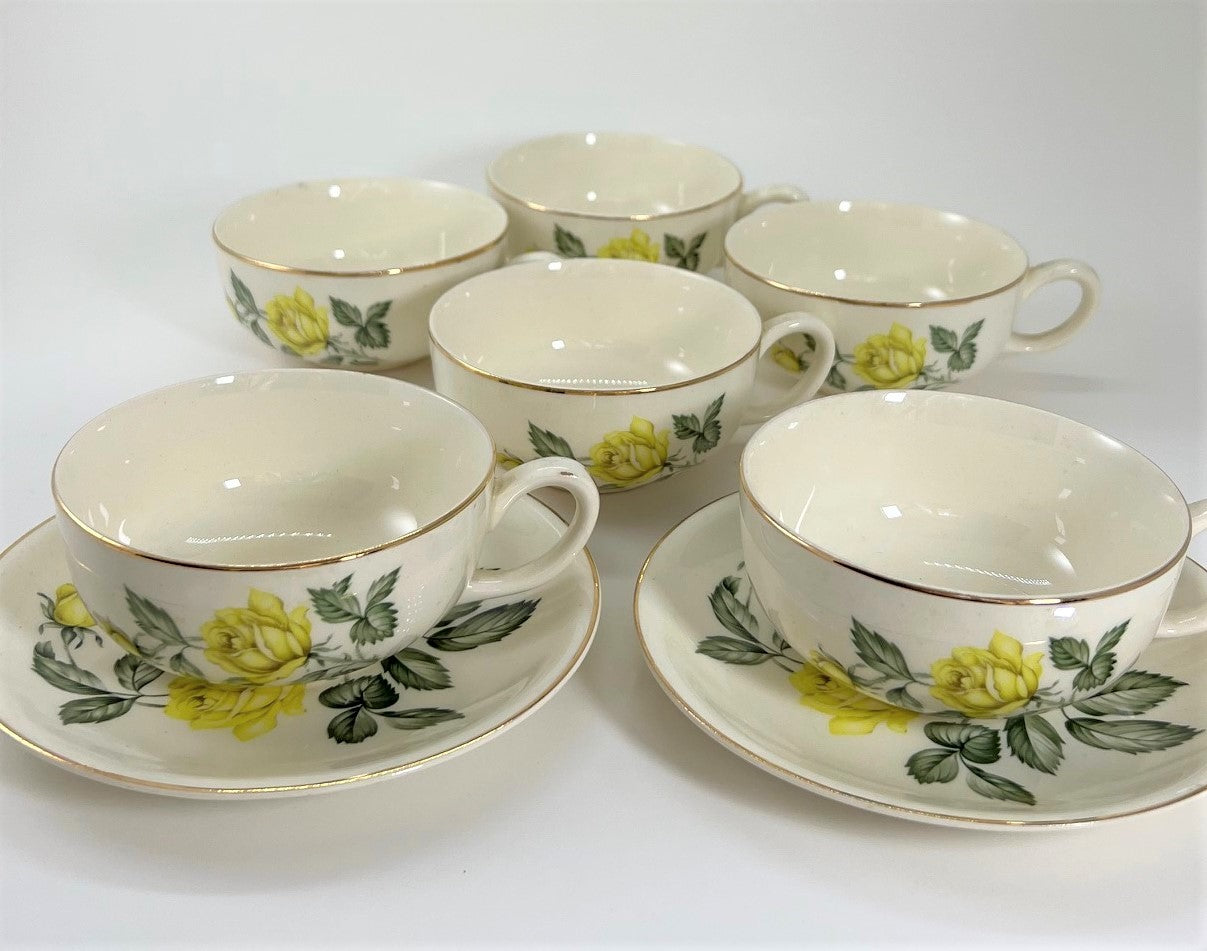 Paden City Pottery Shenandoah Ware "Golden Scepter" Yellow Rose Tea Cup Set of Six