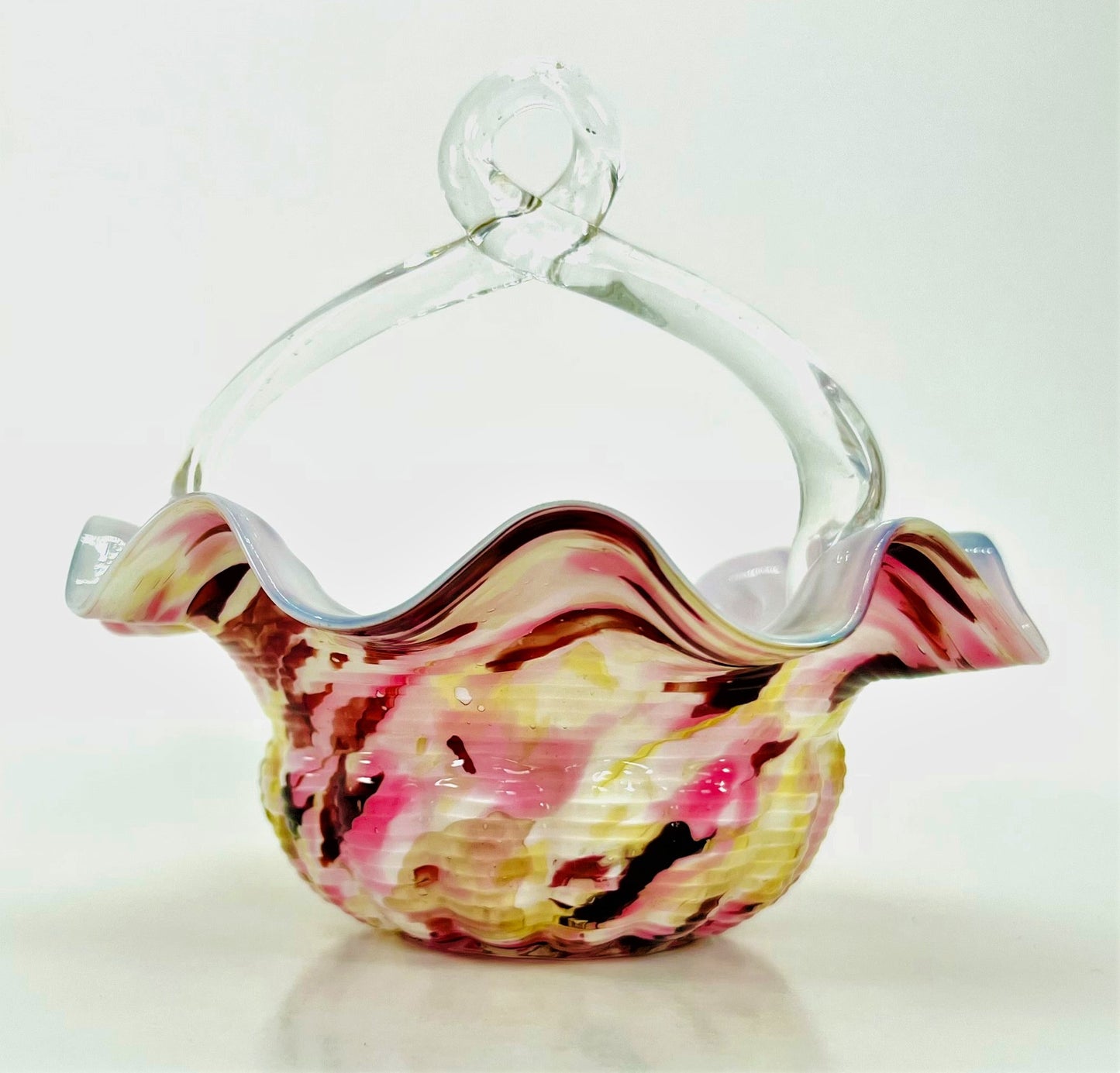 Franz Welz Boehmian Spatter Glass Basket, Pink and Yellow with Ruffled Edge and Looped Handle