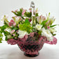 Hobnail Glass Basket, Pink with Clear Bamboo Handle and Crimped Ruffled Edge