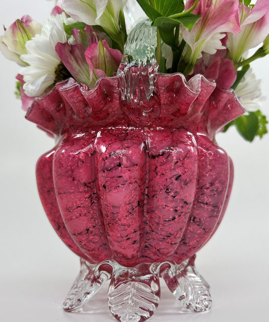 Pink Vasa Murrhina Glass Basket Vase with Leaf Feet Base, c. 1880
