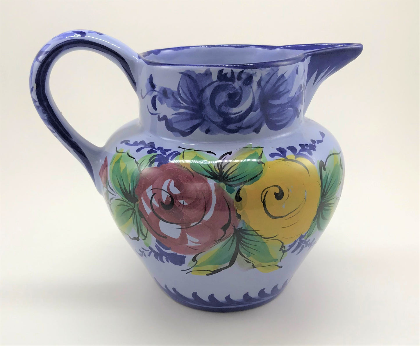 Portuguese Pottery Pitcher, Hand-painted Blue and White with Flowers