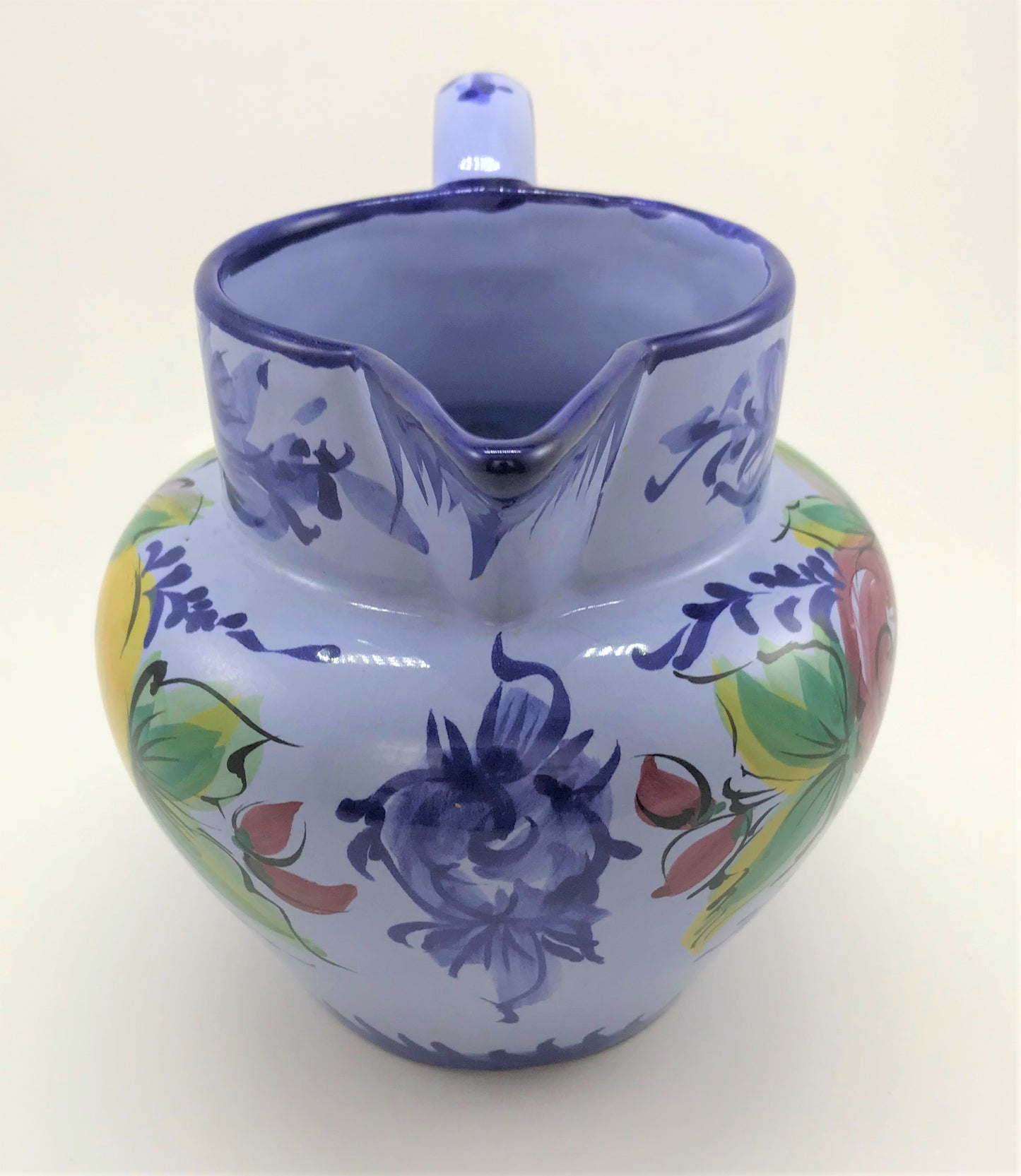 Portuguese Pottery Pitcher, Hand-painted Blue and White with Flowers