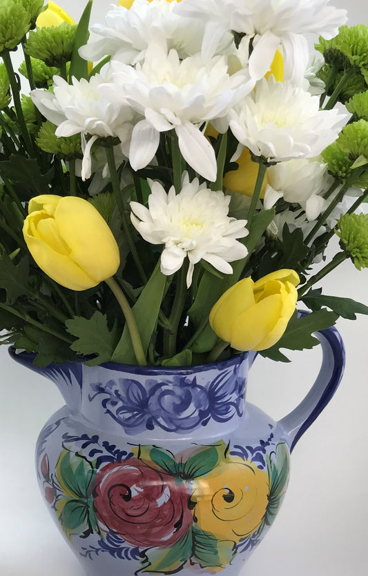 Portuguese Pottery Pitcher, Hand-painted Blue and White with Flowers
