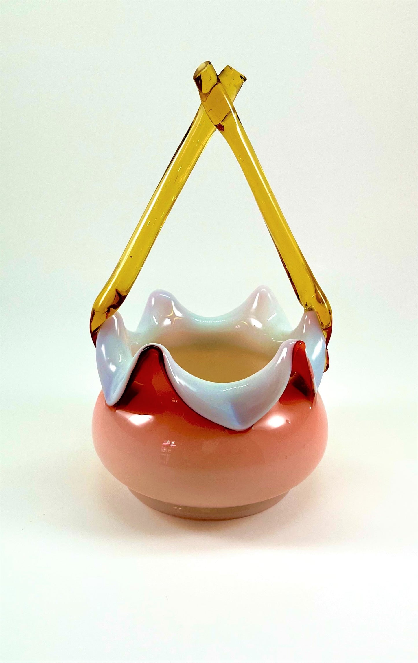 Blown Glass Basket Vase with Triangular Handle and Ruffled Edge