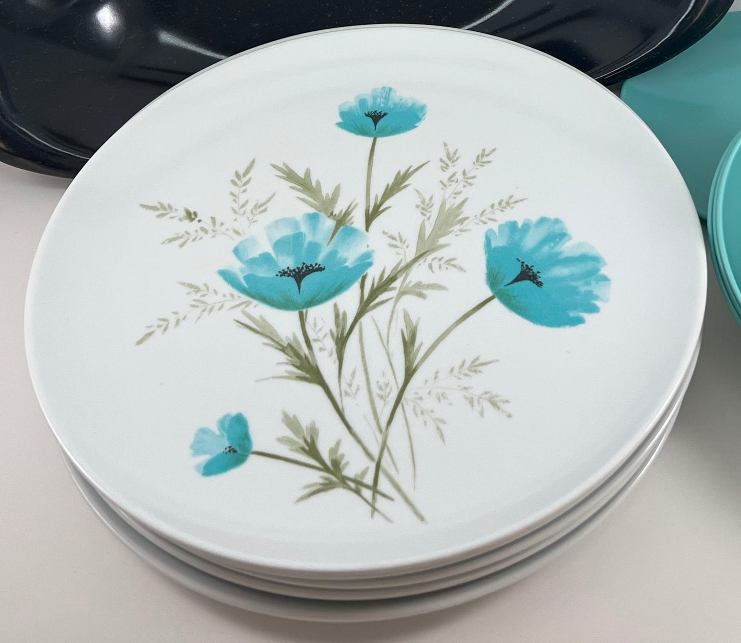 Mid-century Melamine Turquoise Poppies Dinnerware with Serving Pieces. c. 1965