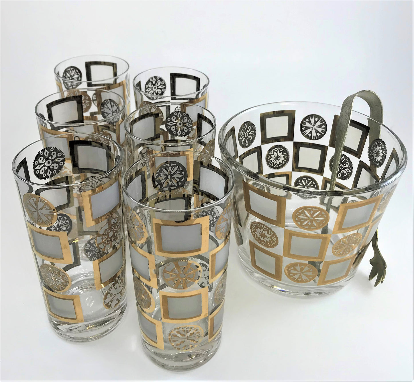 Highball Bar Set with Ice Bucket and Hammered Tongs, Mid-century