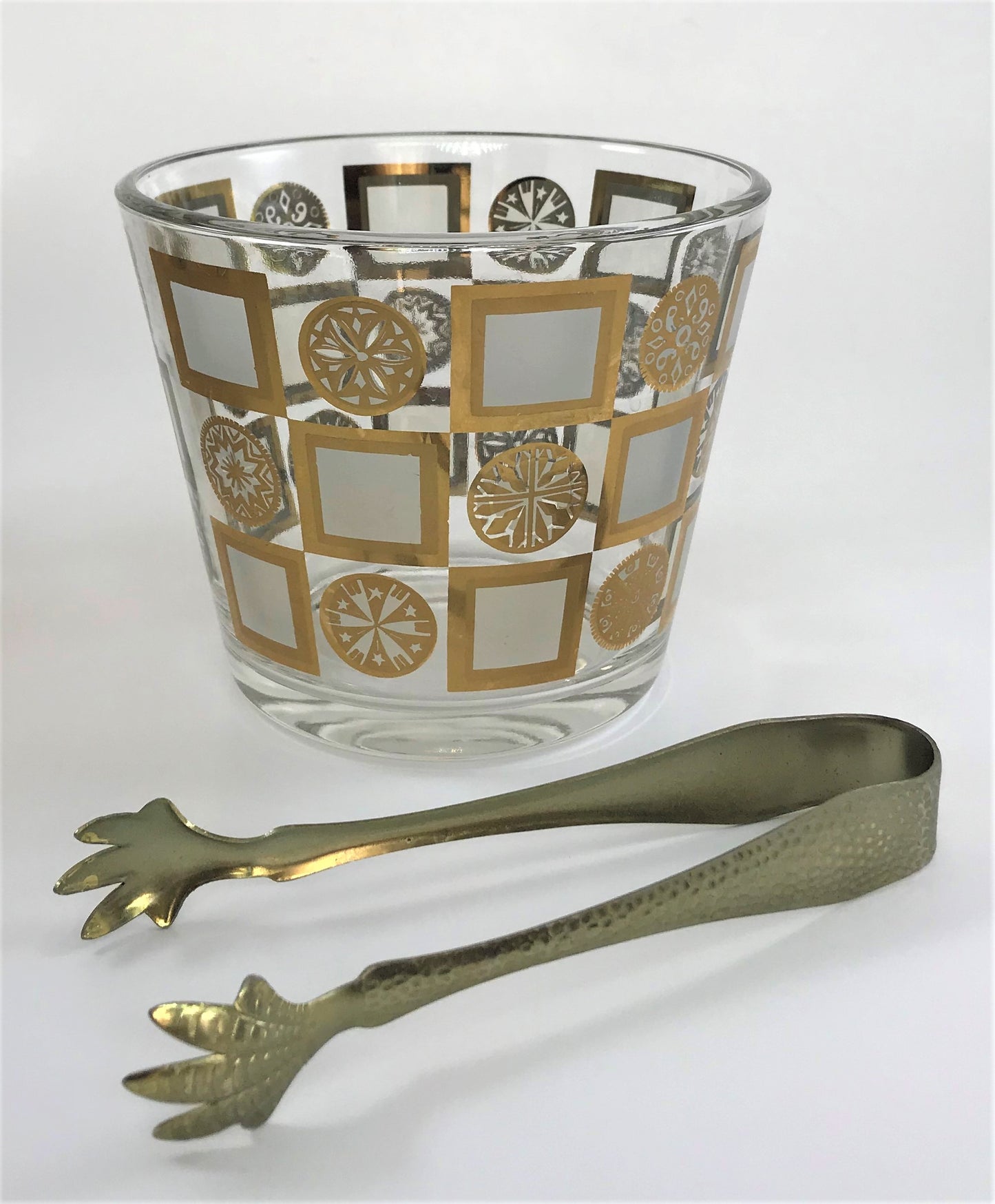 Highball Bar Set with Ice Bucket and Hammered Tongs, Mid-century