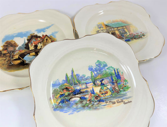 English Cottage Plates, Sandland Ware, 1940s, Set of Three