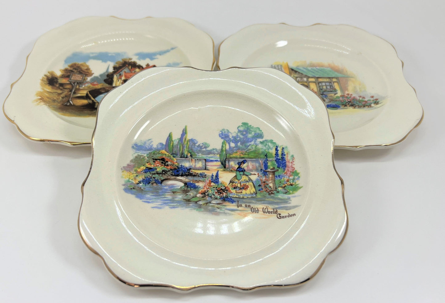 English Cottage Plates, Sandland Ware, 1940s, Set of Three