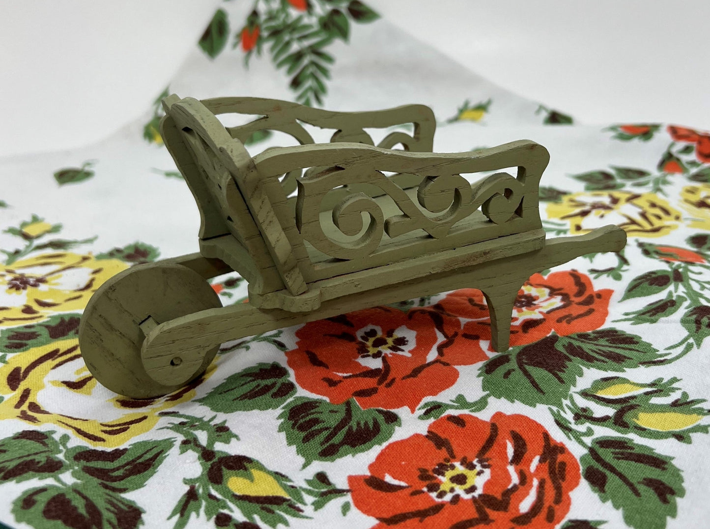 Miniature Garden Wheelbarrow, Painted Wood with Die-cut Design