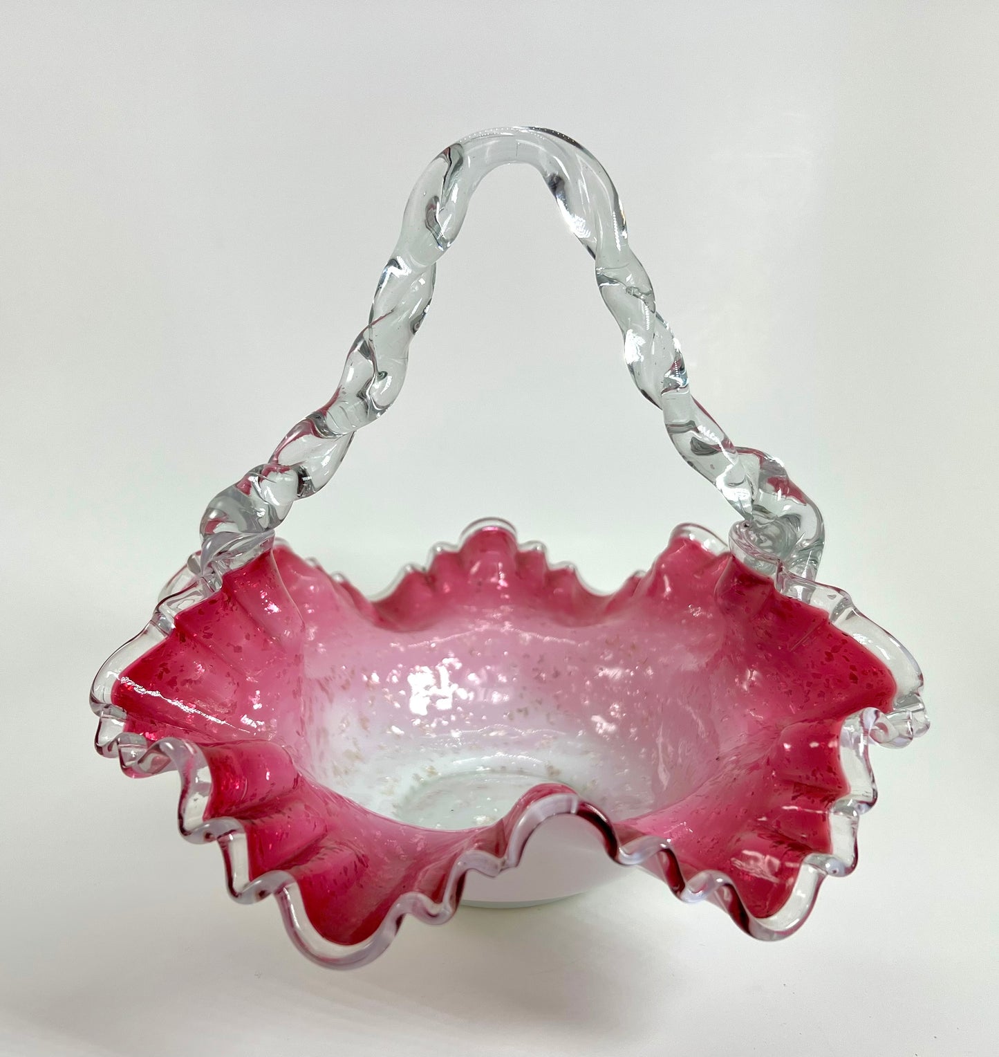 Pink Hand-blown Spangle Glass Basket, Ruffled with Twisted Handle, possibly Bohemian