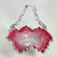 Pink Hand-blown Spangle Glass Basket, Ruffled with Twisted Handle, possibly Bohemian