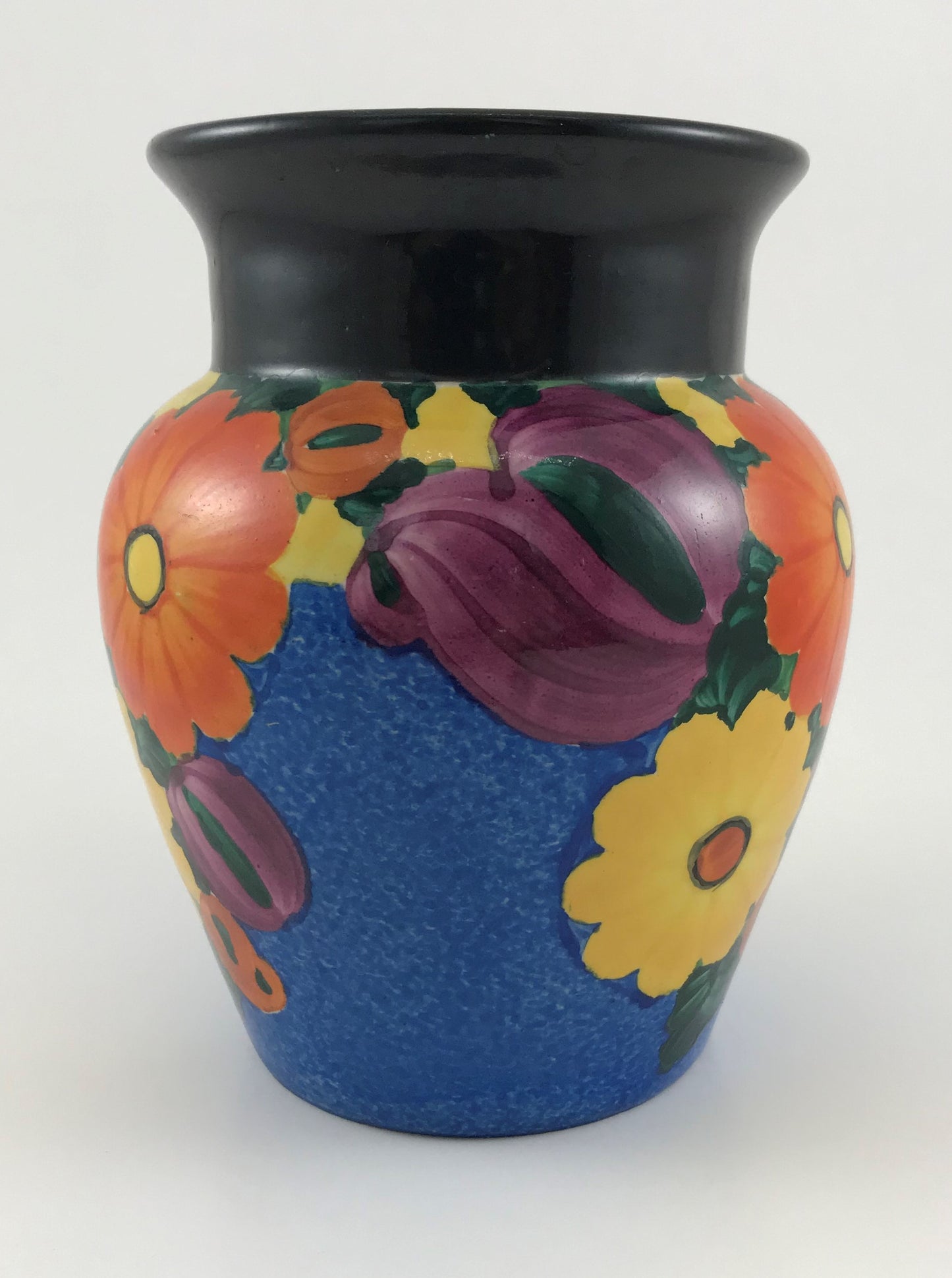 J. Mrazek Czechoslovakian Pottery Vase Floral, Peasant Art, 1920s, Blue