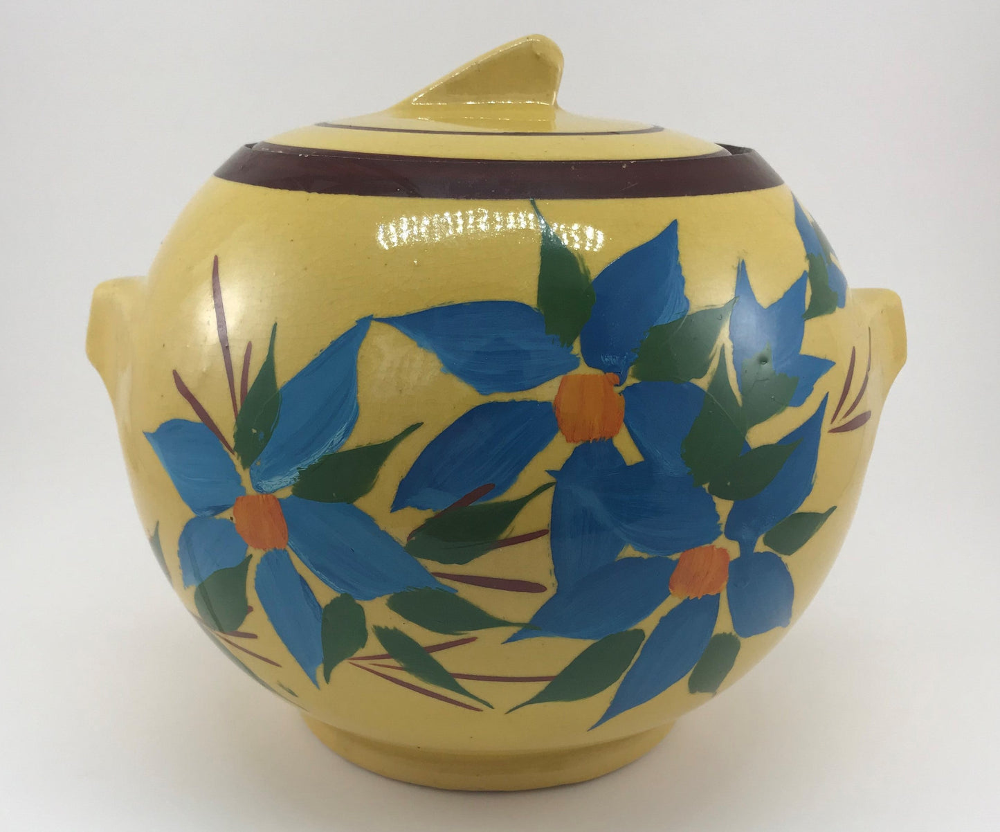 McCoy Cookie Jar, Yellow with Hand-painted Blue Flowers, c. 1939