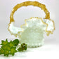 Yellow and White Hobnail Glass Basket Vase with Thorn Handle